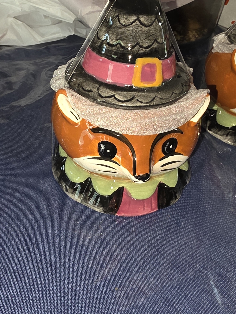 Halloween Fox Ceramic Figurine with Pink Witch Hat
